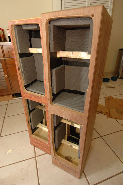 MTMWW early on - These nasty old Wharfedale cabs will work with some serious modifications. New front baffle in later pictures made from 2 laminated layers of 3/4" Baltic Birch ply. Upper chamber re-partitioned (as you can see in this shot) using 5/8" MDF. Many extra internal braces added as well - result is a solid and dad cab!