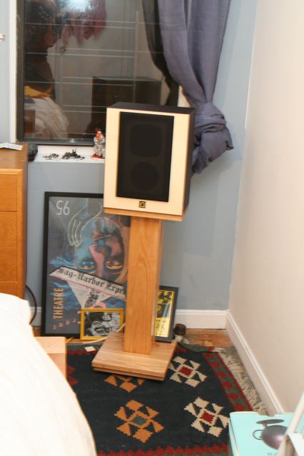 super 3 on oak stand - I built these stands from the same oak stock that I had my bed made from and it works well with the vintage danish dresser