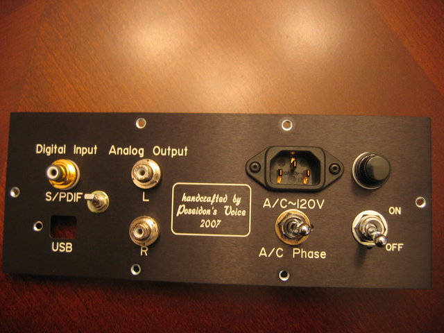PV NOS-USB D/A Converter Rear panel - WBT 75 ohm RCA
WBT style RCA's (analog outputs)
Furutech AC
Nikkai switches
ACME fuse