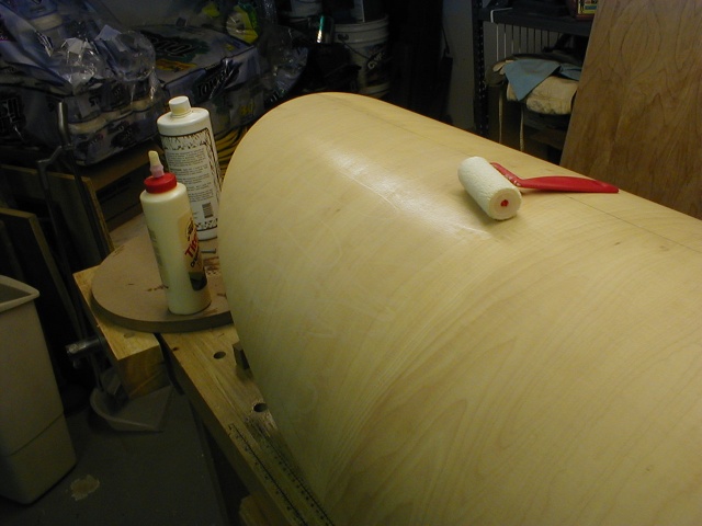 Veneer time. Three layers of glue; rolled, dried, and lightly sanded.