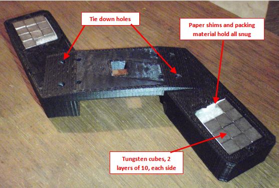 Fig 4. Lateral Effective Mass bracket top view. Bracket weighs about 25g. 40 total 1/4 inch cubes of Tungsten provide approx 195g of mass at about 2.6 inches off the rotation axis. The bracket material integrated moment, added, probably brings that up to about 205g effective mass at the 2.6" radius. Top of the bracket was designed to stay just below the top of the yoke - which comes fairly close to the turntable dust cover.
 (Tungsten cubes are among all kinds of handy weight distribution parts made available for the Pinewood Derby car customizing market. Yay competitive Dads!!)