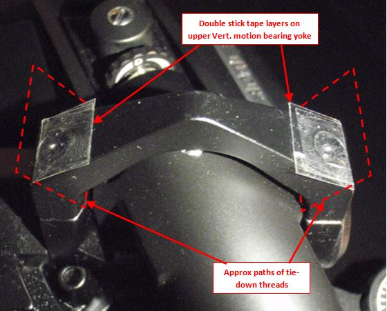 Fig 5. Bracket mounting area, prior to installation. Double stick tape sometimes makes an excellent, stable way to mate up parts w/o much stress transmission - and if you don't use too much area, it keeps things decently reversible! The shoulders on the underside of the bracket will contact those tape pads. Weight forces will press down through the relatively strong yoke assembly side frames. Once positioned, weight, balance, cushioning and stickiness will keep the bracket assembly quietly in place. The tie down heavy duty threads will be mostly just as safety - to keep me from accidentally knocking the assembly off.