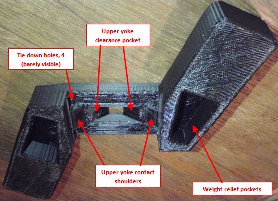 Fig 3. Lateral Effective Mass bracket bottom view. (Photo is flipped upside down, as if one was holding the bracket up in the air to look under it) (Black objects are hard enough to photograph. With 3D printing you get the added confusion of all the shiny "filamentations".)