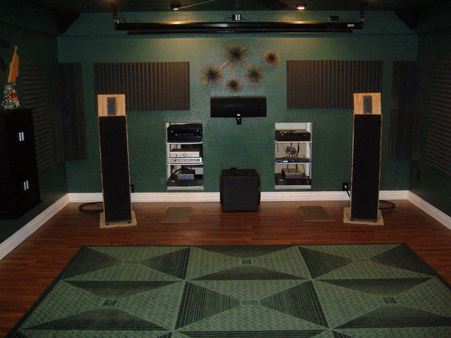 IB - Full view of the front of the room. Notice (or not) the floor grates for the IB subs and the Mackie amps at the bottom of the equipment columns.