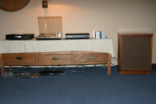 AK Member Room - DocBrown - $25 thirft shop rescued Eectrovoice SP12 speakers, Red Rose monos, Denon turntable, Primare CD player, Amherst preamp (passive mode) and a REL Storm III.