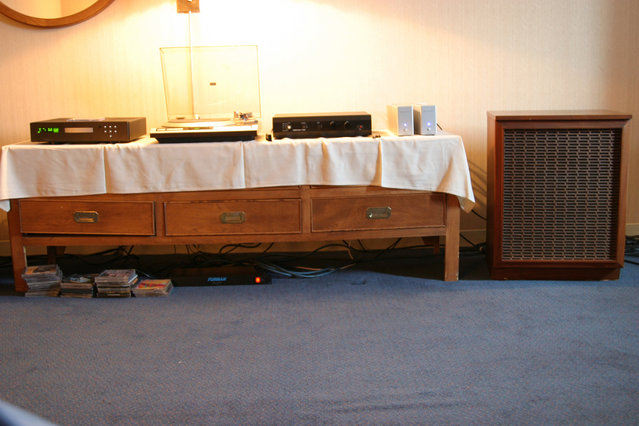 AK Member Room - DocBrown - $25 thirft shop rescued Eectrovoice SP12 speakers, Red Rose monos, Denon turntable, Primare CD player, Amherst preamp (passive mode) and a REL Storm III.