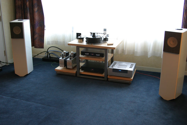 High Water Audio Room - Thoress speakers from Germany. Full range driver with an additional compression driver mounted on top pointed at the ceiling.