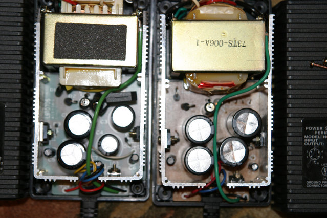 Elpac linear power supplies for Squeezebox SB3 - Stock WM 220-1950 on the left.
Stock WM220-1 on the right with the 12v section disabled (note the fuse and bridge rectifier removed in the top right).