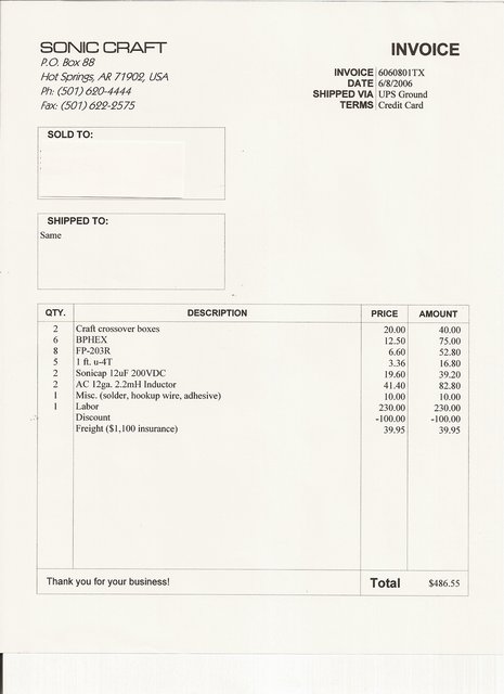 Sonic Craft invoice